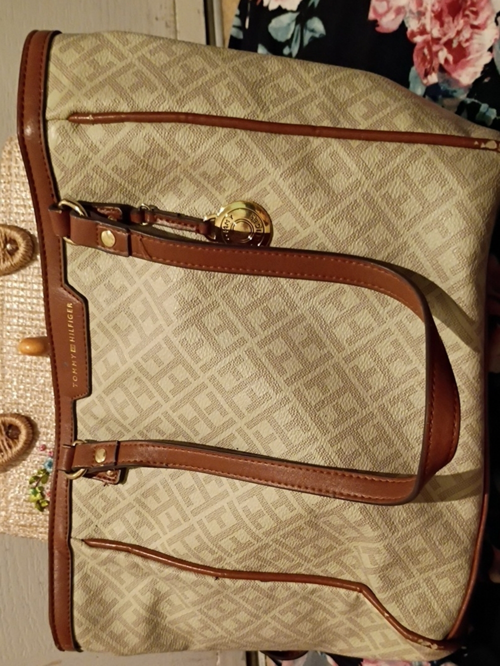 Tommy Hilfiger Beige Monogram Tote with Brown Leather Trim